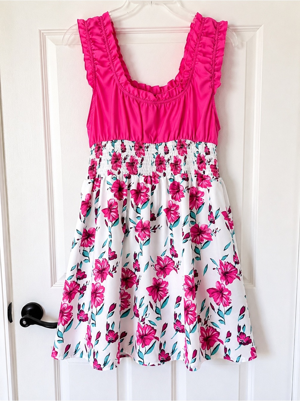 Cottagecore Pink Floral Sundress XL Smocked Bodice Ruffle Straps
